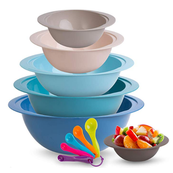 MONKA Plastic Mixing Bowl Set – 6 Stackable Nesting Bowls + 5 Measuring  Spoons