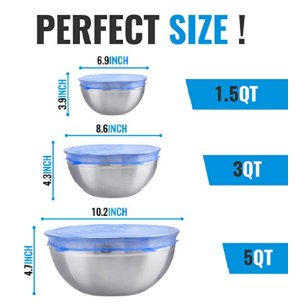 MONKA Stainless Steel Mixing Bowls With Stretch Silicon Lids (Set