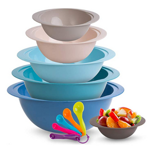 MONKA Plastic Mixing Bowl Set – 6 Stackable Nesting Bowls + 5 Measuring Spoons