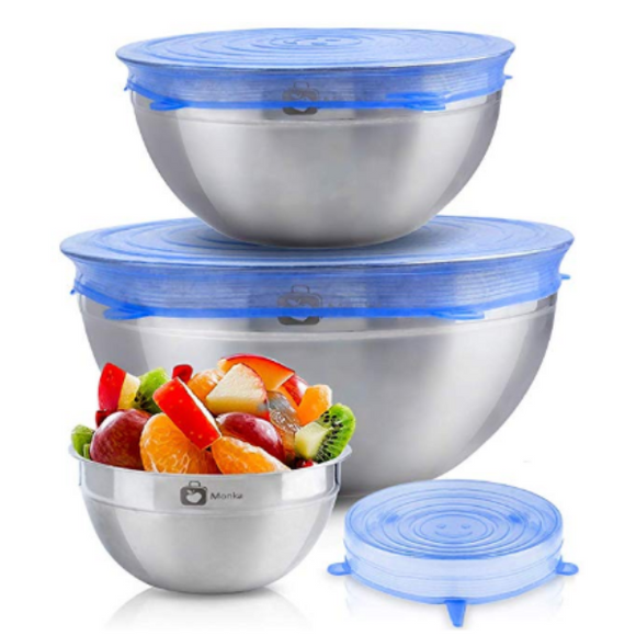 MONKA Stainless Steel Mixing Bowls With Stretch Silicon Lids (Set of 3)